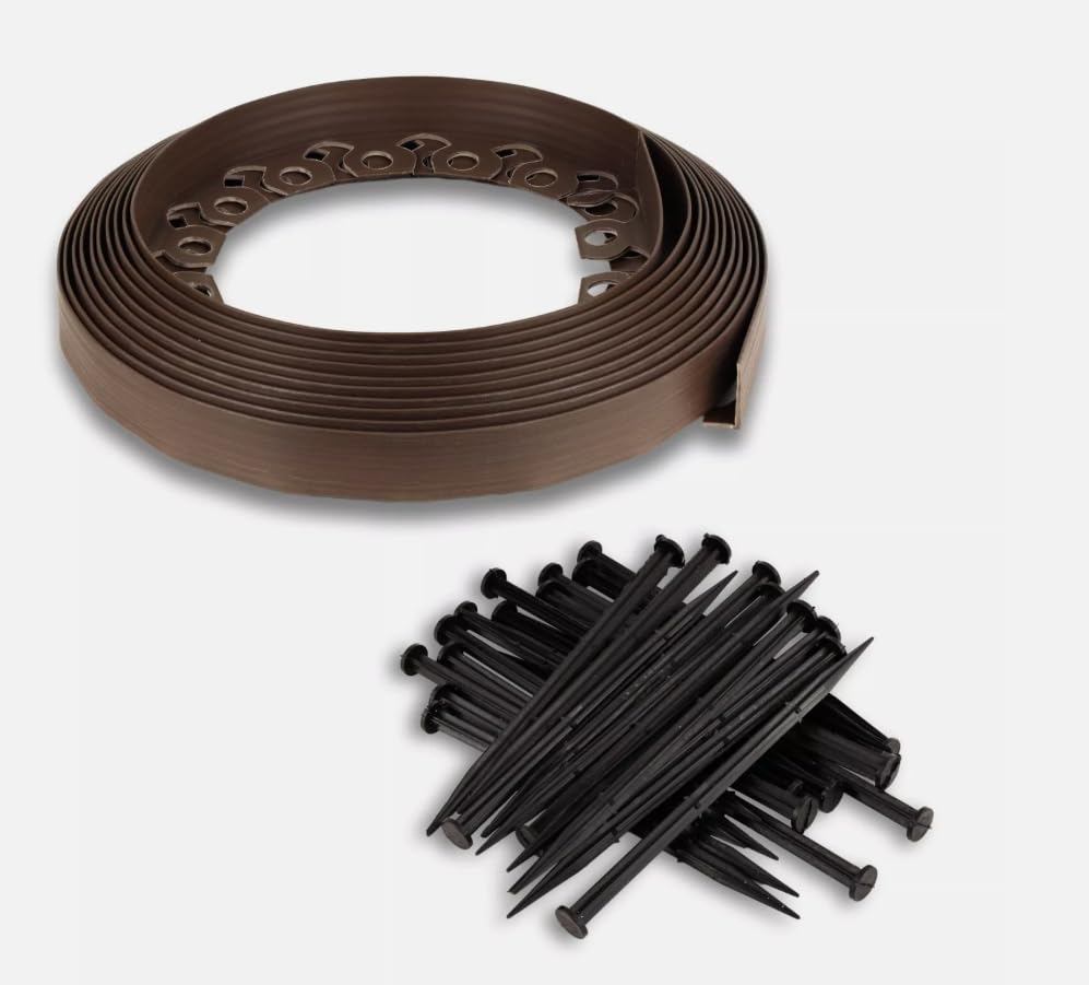 Lawn and Garden Edging Border with Ground Stakes, 32ft (10-50m) | 4CM High Flexible Flower Bed Edging with Reinforced Plastic Pegs, Professional Landscaping Solution (pack of 2 = 20m, BROWN)