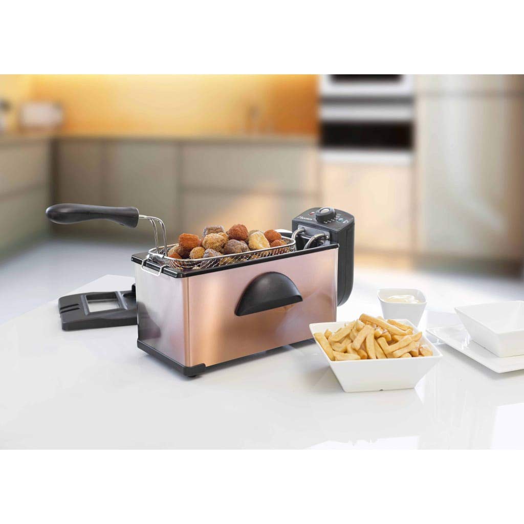 Bestron Friggitrice, friggitrice ad olio con tecnologia a zona fredda, 3,5 litri, con controllo della temperatura, lavabile in lavastoviglie, 2000 watt, colore: Rame