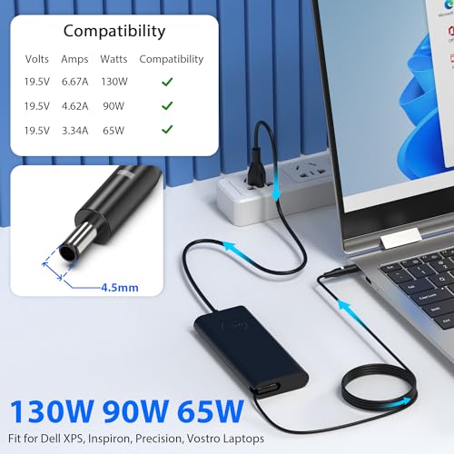 Image of 130W 4.5mm Tip Laptop Charger Compatible with dell XPS 15 7590 9530 9550 9560 9570 OptiPlex 3050 3060 7050 inspiron 16 Plus 7640 7620 7630 7730 0V363H HA130PM130 Power Supply Cord