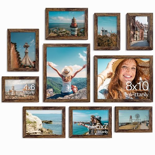 Image of Vittanly 10 Pack Picture Frames Collage Wall Decor, Gallery Wall Frame Set for Wall or Tabletop Display, Engineered Wood and Shatter-resistant Plexiglass, Multi Sizes with 8x10, 5x7, 4x6 Frames, Brown