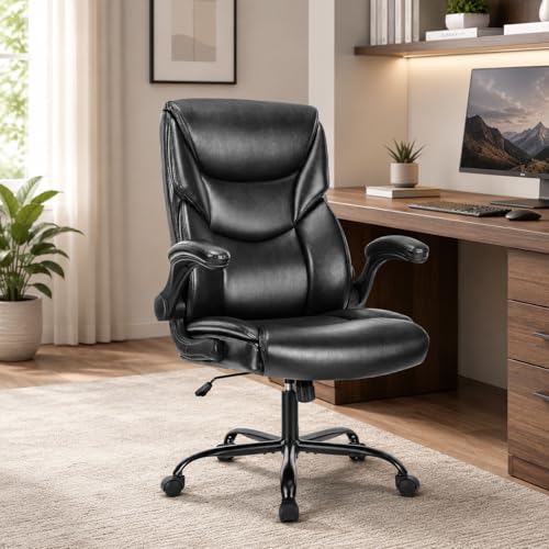 Image of Ergonomic PU Leather Office Chair - Executive Computer Desk Chair with Lumbar Support & Wide Seat, Adjustable Height Task Chair with 360 Swivel & Quiet Wheels for Home Office, Gaming, Black