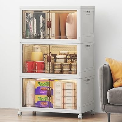 Stackable Storage Bins with Lids, 144QT Lockable Storage Cabinet | Folding Storage Box with Doors and Wheels, Collapsible Plastic Drawers for Home, Garage, Office