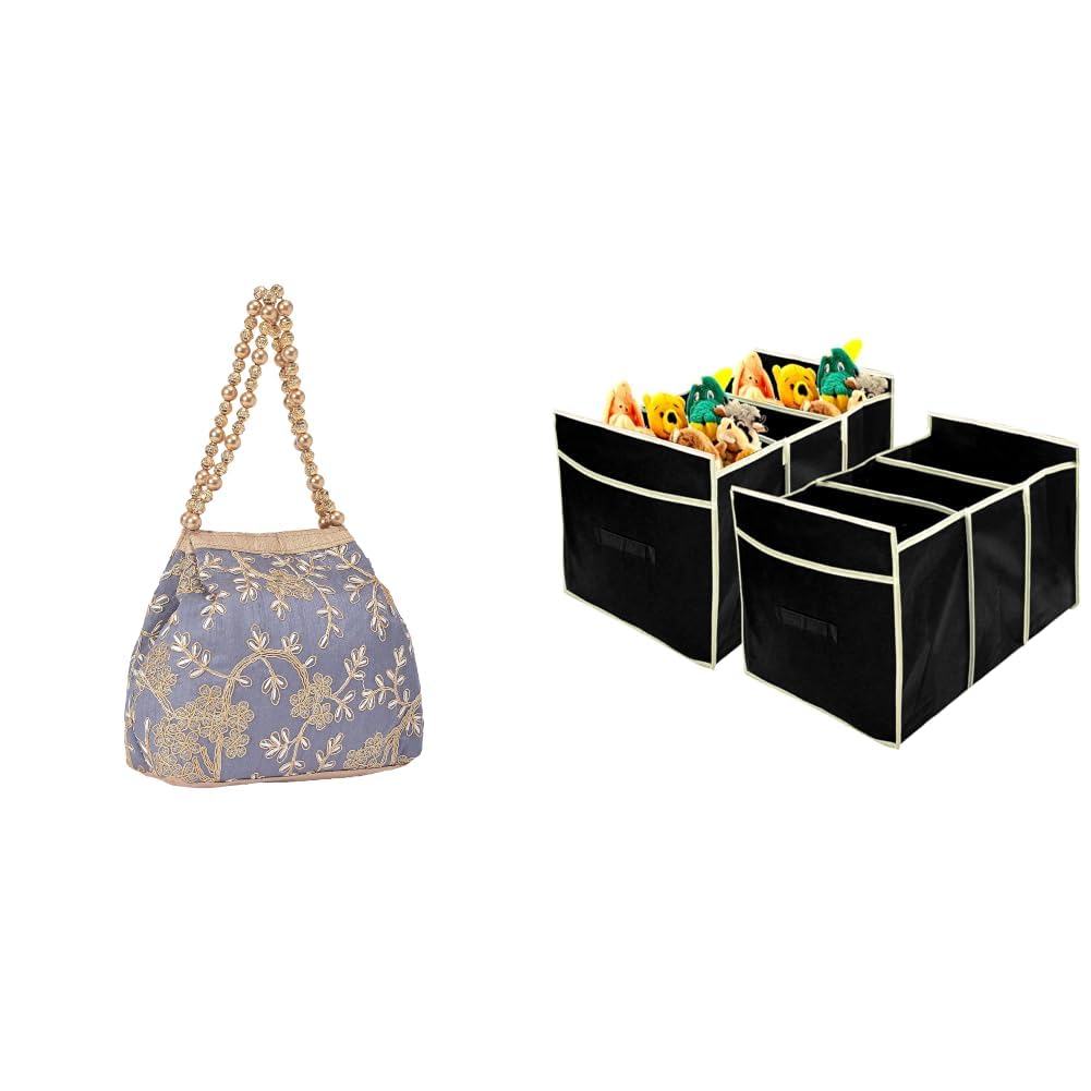 Potli Bags for Ladies & Girls | Women Shagun Pouches for Festive Seasons | Batwa Bag + Collapsible Portable Heavy Duty Cargo Trunk Organizer with 3 Compartments (Black)-image-22