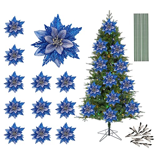BestAlice 12 flores artificiales de pascua de Navidad, flores falsas de 15 cm, corona de Navidad con purpurina, adornos para árbol de Navidad con clip y poste, color azul Cover