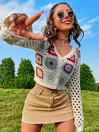 SHENHE Women's Floral Crochet Cardigan Hollow Out V Neck Button Down Long Sleeve Cropped Sweater4