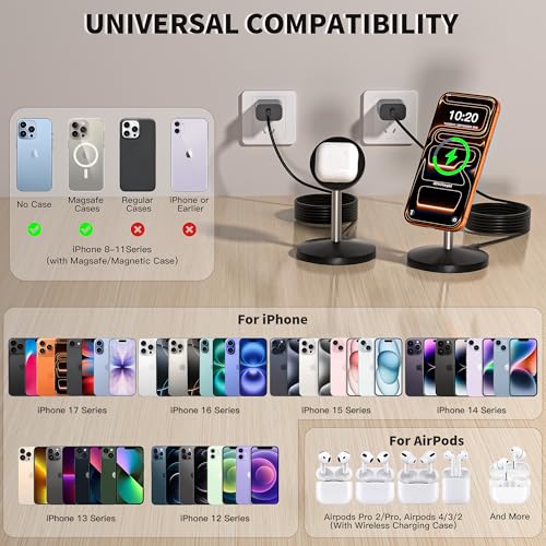 Image of Magnetic Wireless Charging Station,25W Fast Charger 6FT Mag safe Wireless Station Pad,Magnetic Mag-Safe 360 Charger Stand for iPhone 17 /17 Pro /Air /17 Pro Max /16 Pro Max /15 /14 /13 /12, AirPods Pro 2 /3 /4