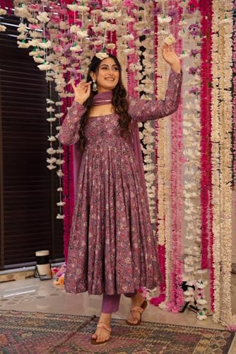 Image of ANNI Designer Women's Cotton Blend Anarkali Kurti Plazzo Dupatta Set | Kurta Sets for Women | Ethnic Suit Set | Anarkali Kurta Set with Dupatta Dress | Cotton Kurti for Women