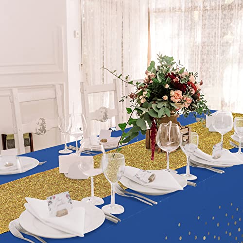 Image of Irenare 2 Pcs Blue and Gold Tablecloth and Sequin Table Runner Set Polka Dots Confetti Table Cover Dining Plastic Tablecloths Glitter Decorations for Birthday Wedding Anniversary Party Supplies