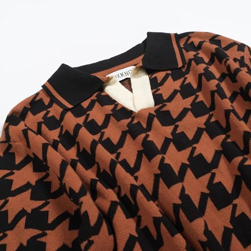 Men's Knit Polo Shirts, 1960s Mod Style Retro Pattern Short Sleeves Casual V-Neck Short Shirts, Black Brown3