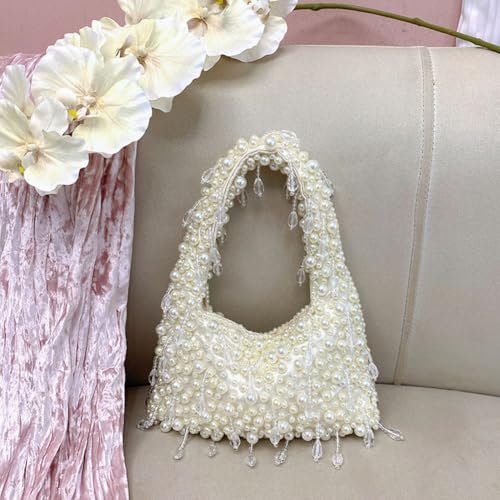 Women Pearl Shoulder Purse Large Capacity Stylish Tote Bag Beaded Top Handle Bag Trendy Designer Handbag Chic Hobo Bag2