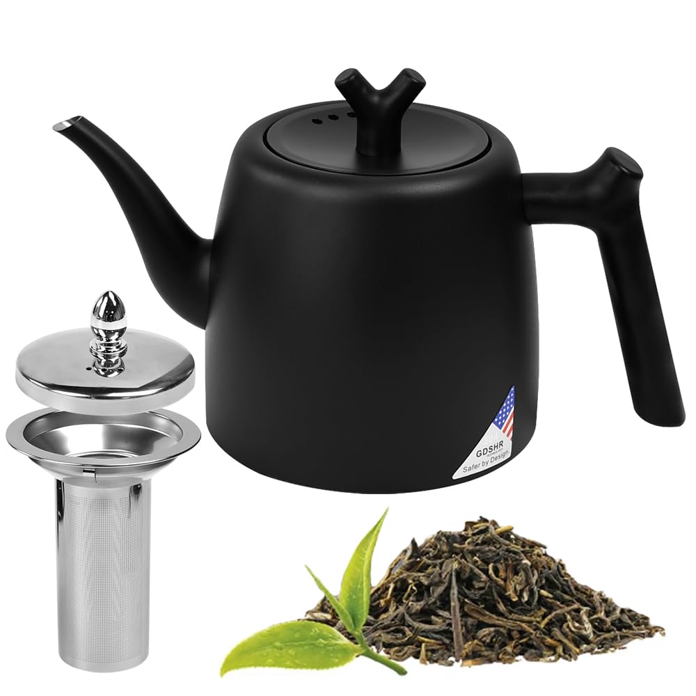 Teekanne 304 Edelstahl Thermo Teekanne 2L Thermoskanne Tee mit Siebeinsatz Schwarz Teebereiter Doppelwandig Isolierkanne Hitzebeständige Tee Kanne Teapot mit Griffe für Ingwer