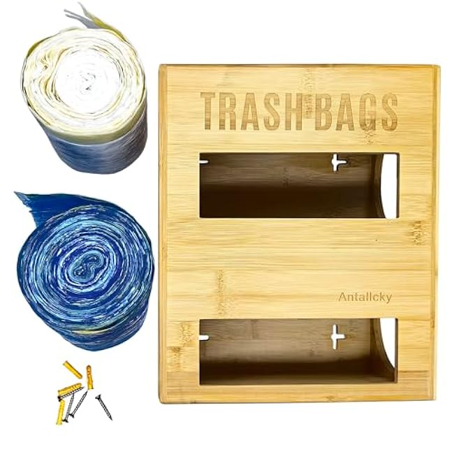 Antallcky Bamboo Trash Bag Dispenser Roll Holder 13 Gallon 2 Rooms,Garbage Bag Storage Dispenser Organizer Wall Mount or Under Sink for 2 Rolls of Plastic Bags(Up to About 160 Bags)