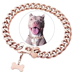1 Gold Rose Gold Stainless Steel Cuban Link Heavy Duty Dog Collar for Medium Large Dogs, American Bully French Bulldog Luxury Dog Collar