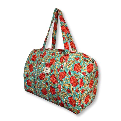Quilted Cotton Travel Duffel Bag Weekender Short Trip Reinforced Stitching Gift for Her (Rosey Meadow)3