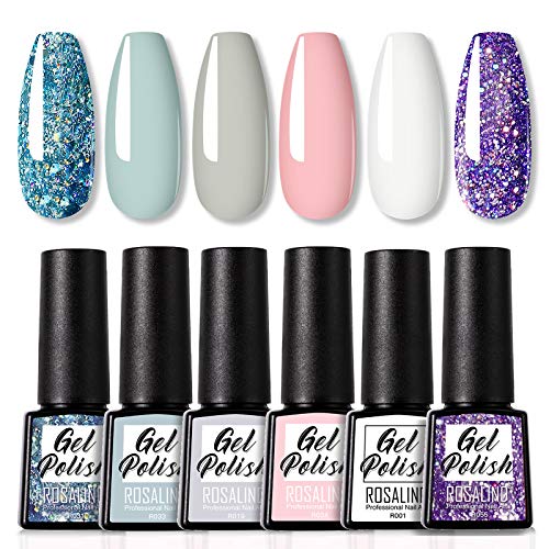 ROSALIND 7.3ml Gel Nail Polish Blue Purple Glitter,Nail Art Desgin Soak Off Nail Gel Set DIY at Home