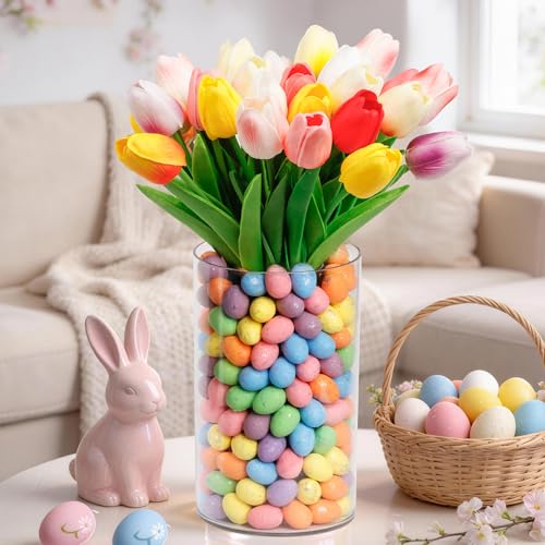 Image of ALFEVA Easter Decorations-Vase in Vase 15pcs Artificial Tulips and Approx 150pcs Easter Eggs Filler, Easter Vaseset Ready to Display,Spring Decorations for Home Table