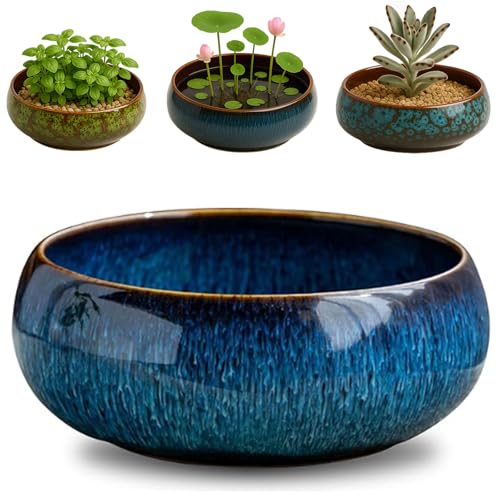 Oncpcare Lotus Bowl Pflanzgefäß - Keramik Wasser Pflanztopf Heilige Bonsaischale Lotusblüte, Flache Glasierte Vase für Lotussamen, Bonsai, Sukkulenten, Hydrokulturpflanzen (Blau)