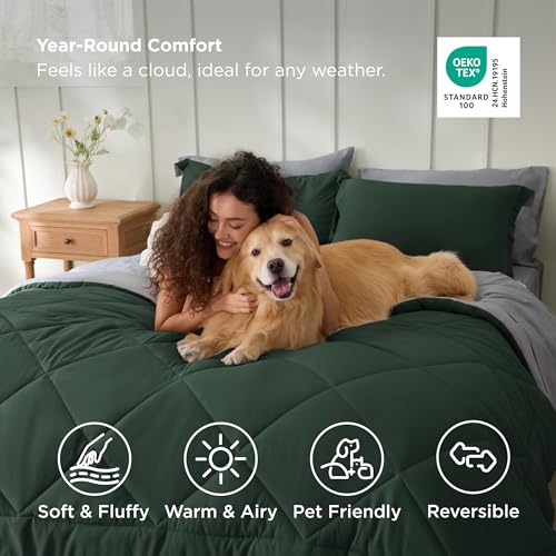 Image of Bedsure Queen Comforter Set - 7 Pieces Reversible Forest Green Bedding, Queen Size Bed Set for All Seasons, Bed in a Bag with Down Alternative Comforter, Sheets, Pillowcases & Shams
