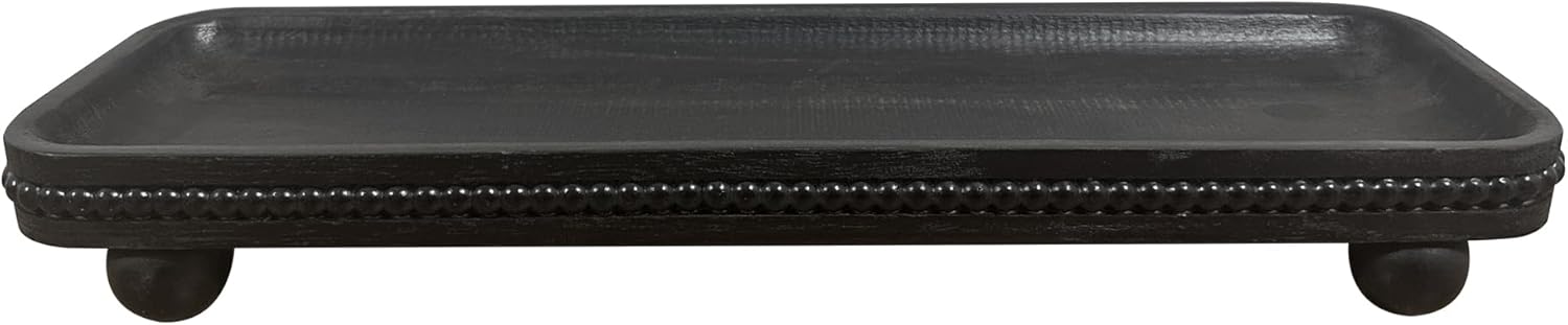 Oval Wooden Decorative Tray, Farmhouse Style, Beaded Serving Tray for Living Room, Coffee Table (Black)