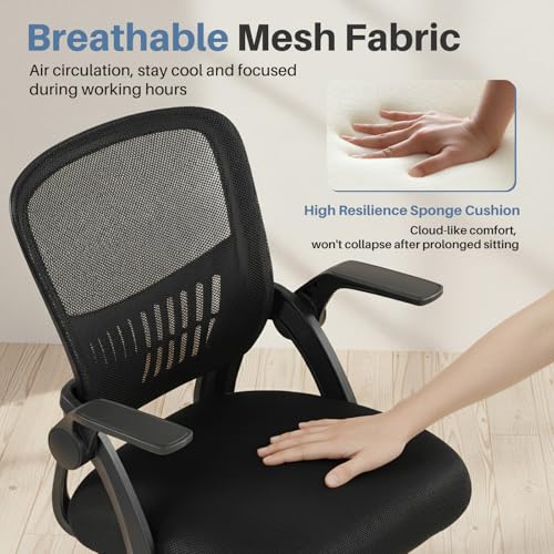 Image of DUMOS Home Office Computer Chair - Ergonomic Mid Back Desk with Lumbar Support and Rocking Mode, Height Adjustable with Flip-up Armrest, for Conference Meeting Room, 360 Swivel, Adults, Black