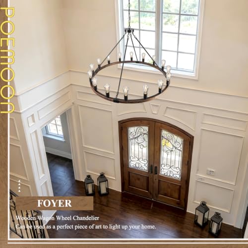Image of Oak Wooden Wagon Wheel Chandelier 16-Light 43.3 inch Light Fixture