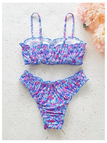 MakeMeChic Women's Two Piece Bikini Set Floral Frill Trim Spaghetti Strap Bathing Suit Beachwear4