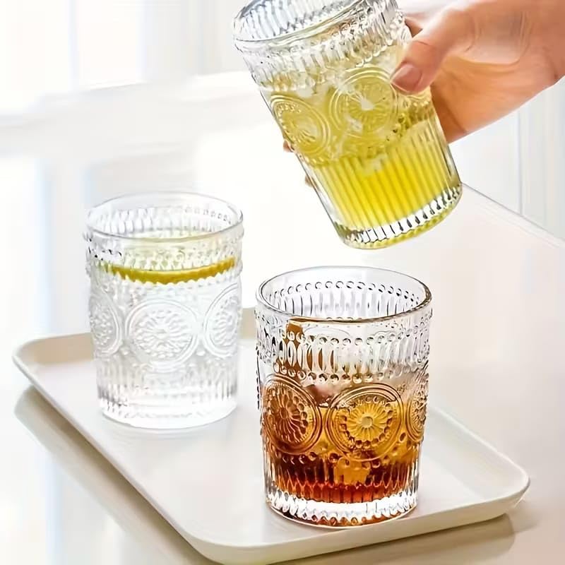 Image of PrimeWorld Glass Embossed Designed Romantic Premium Tumbler Water Glasses - Set of 6, 300ml | Perfect for Whiskey, Juice, Cocktails, Beer & Beverages | Elegant Drinkware for Home, Bar & Parties
