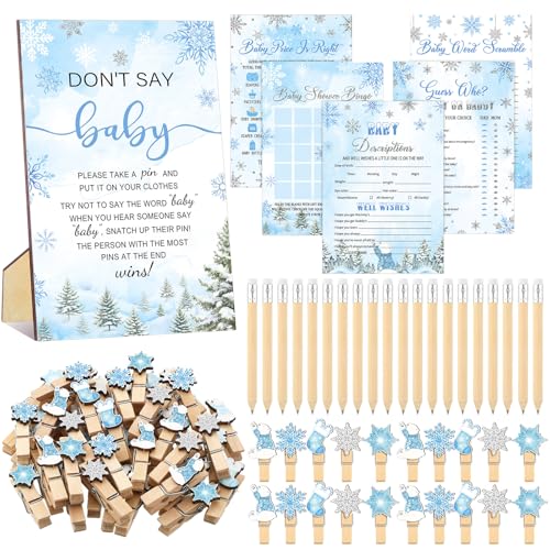 Image of Patelai 321 Pcs Blue Snowflake Baby Shower Game Supply for Girl or Boy 5 Set Include 50 Activity Card 20 Pencil 1 Don't Say Baby Sign 50 Clothespin for Price Is Right Prediction Bingo Game Party Decor