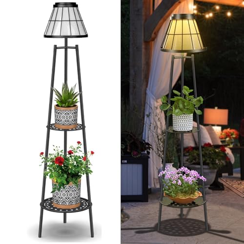 MXwcy 2 Pack Solar Lights Outdoor with Plant Stands, Solar Floor Lamp Metal Tripod Patio Lights for Garden Yard Pathway Driveway Front/Back Porch Decoration