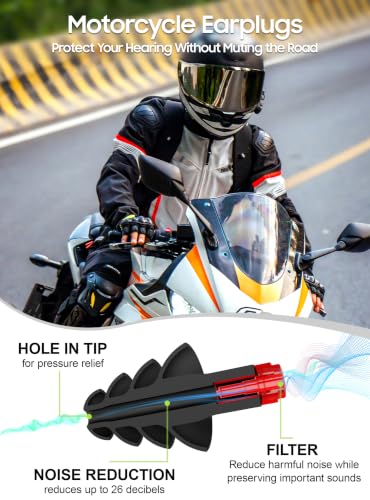 Image of Motorcycle Ear Plugs for Wind Noise Reduction, Reusable Silicone Earplugs with Filter for Long Rides, 26dB Hearing Protection with Safety Cord & Travel Case