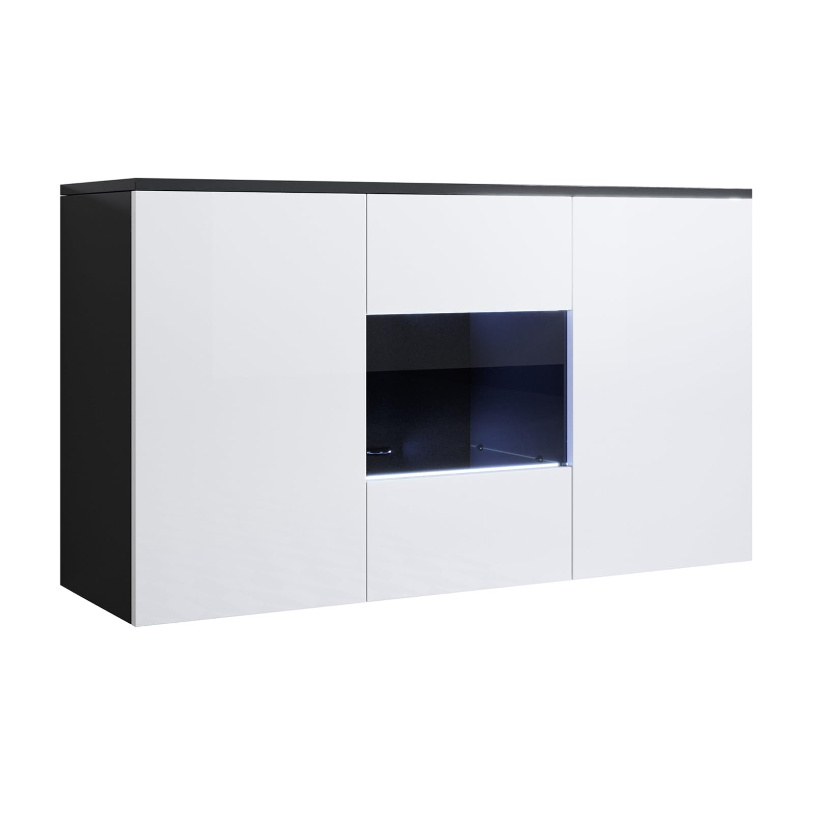 MB Muebles Bonitos, Credenza Madia Soggiorno Luke A2, Melamina Lucida, LED, Nero e Bianco, 120x70x40cm