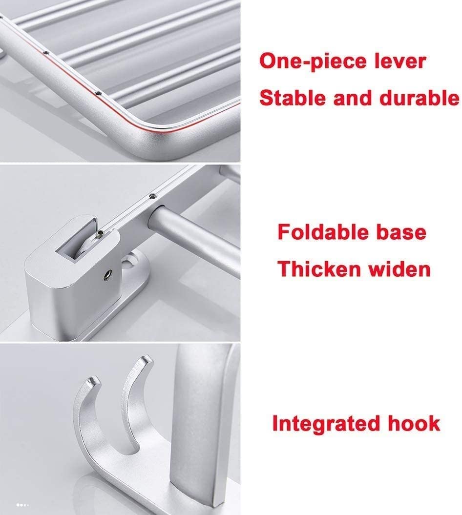 Rack Toallas Toallero Montado En La Pared Espacio De Aluminio Estante Doble Plegable con 2 Ganchos Accesorios De Baño