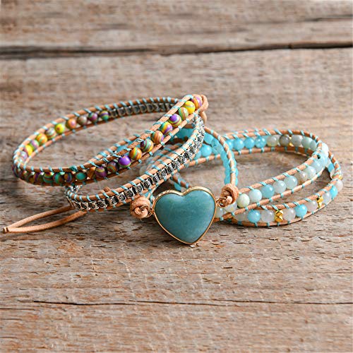 Ygline Boho Handmade Natural Stone Wrap Bracelets Amazonite Crystal Beads Bracelet Jewelry(Heart Amazonite) #TOP3