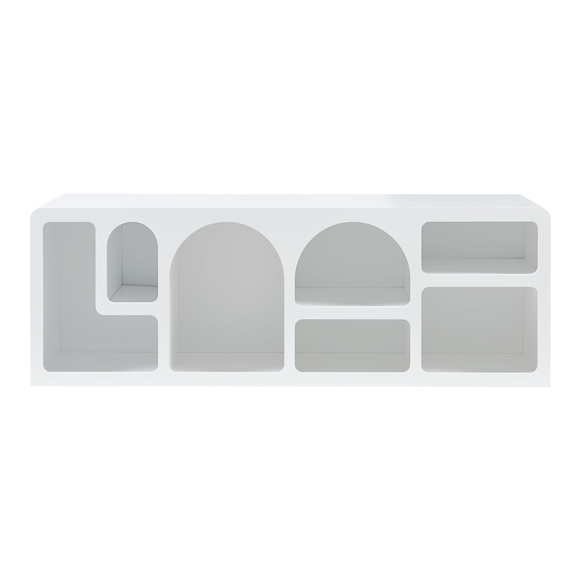 [en.casa] Mobiletto TV Tavolino Porta TV con 7 Scomparti da Forme Geometriche Mobile Basso per Soggiorno Stand TV e Centri Multimediali 140 x 40 x 48 cm Bianco