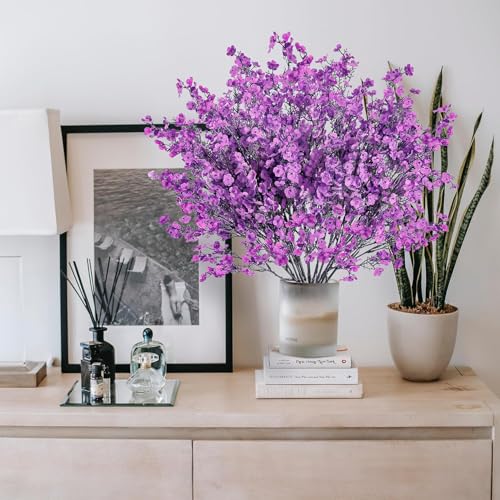 Image of CURATED CART Artificial Flowers Bunch, Baby's Breath Gypsohila Flowers, 1 Bunch for Vase Pot, Home Decoration, Living Room, Wedding, Fake Flowers, Color, (Vase Not Included) (Purple)