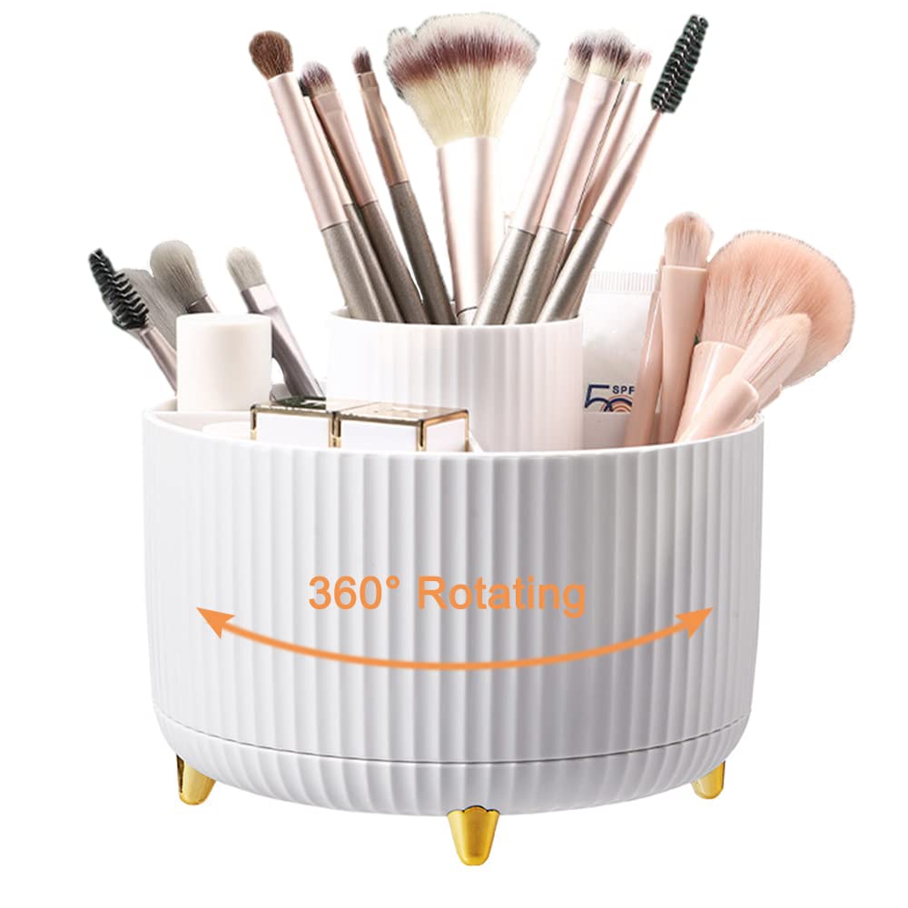NUODWELL360° Rotating Makeup Organiser, Creative Makeup Brush Holder with 5 Compartments, Desk Tidy Organiser Pencil Holder for Dresser, Bedroom, Bathroom, Office（White）
