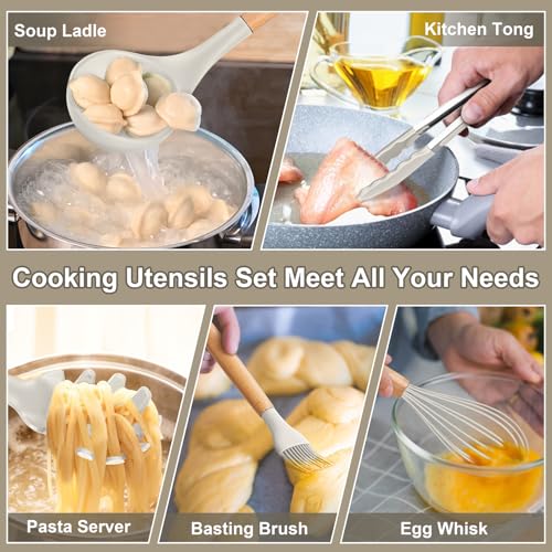 P&P CHEF Silicone Cooking Utensils Set, 12PCS Kitchen Utensils Set with Wooden Handle for Nonstick Cookware, Ladle, Spoon, Spatula, Tong, Heat-resistant & Non-scratch, Non Smell & Healthy, Khaki by P&P CHEF - Image 5
