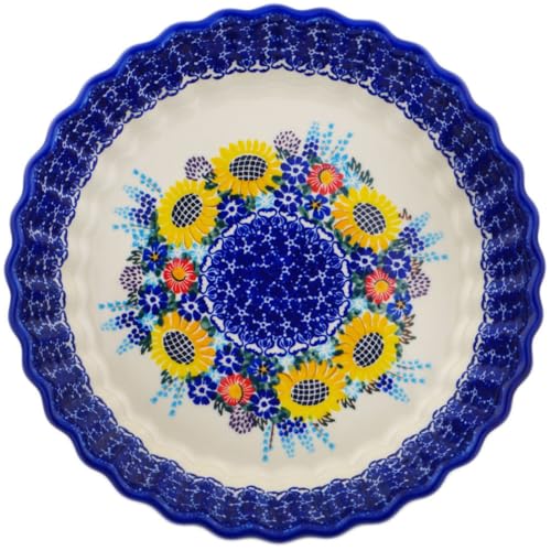 Authentic Polish Pottery Fluted Pie Dish Signature UNIKAT in Sunflower Design Handmade in Boles?awiec Poland by Ceramika Dalia + Certificate of Authenticity