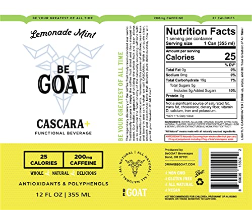Begoat Clean Energy Drink | Non-Gmo, Vegan, Gluten-Free, Plant-Based With 200Mg Of Caffeine, 25 Calories & 7 Net Carbs | Natural Caffeine From Cascara+ That Is Packed With Antioxidant & Polyphenols | 12 Fl Oz (Pack Of 12) (Lemonade Mint #TOP2
