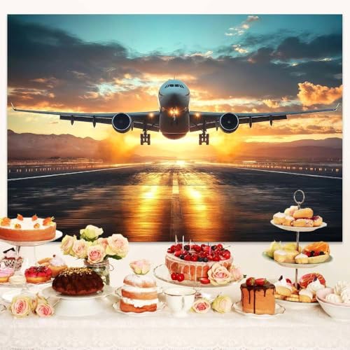 10 x 8 ft Airplane Backdrop Airplane Landing Takeoff Runway Photography Background Sunset Sky Scenery Airplane Theme Birthday Party Decorations Photo Booth Studio Props by MDUKOIN - Used condition - Image 5