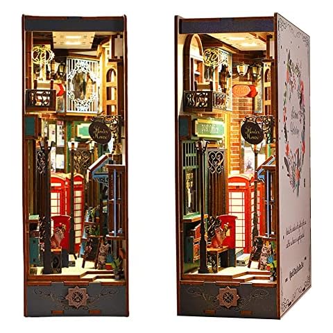 TOPBSFARNY3D Wooden Book Stand Puzzle DIY Dollhouse Wood Bookends Book Nook Model Building Kit with LED Light for Teens and Adults to Build-Creativity Gift for Birthdays Halloween (LS04) Cover