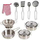 IQ Toys Durable Stainless Steel Pots and Pans, Strainer, Utensils and Kitchen Cookware 11 Piece Set Toy for Pretend Play
