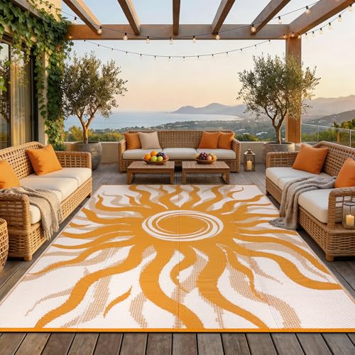 GarveeHome Outdoor Rug 9x12 Patio Waterproof, Reversible Plastic Straw Rugs for Camping, Picnic, Balcony, Porch, RV, Easy-Clean & Quick Dry Sun Pattern Large Indoor Outdoor Carpet, Orange