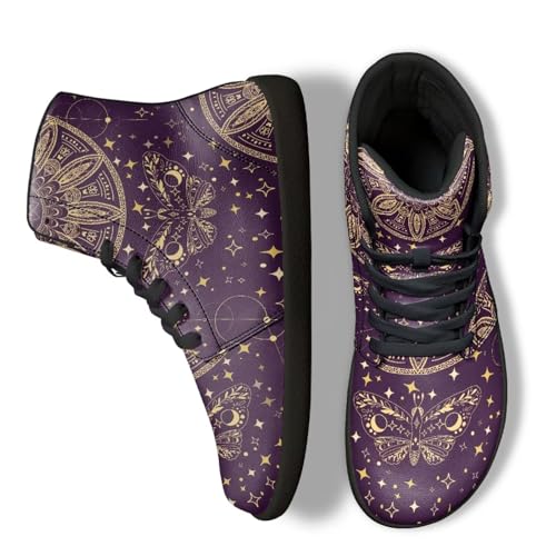 Binienty Galaxy Mandala Minimalist Zero Drop Shoes for Men Size 6.5,Women's Butterfly High Top Shoes Lace Up Fashion Walking Shoes PU Leather Platform Comfortable Casual Boots