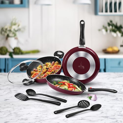 Image of Milton Pro Cook Kitchen Pride Plus Granito I Set of 7 Non Stick Cookware | Non Induction I Cooking Pan, Kadhai with Lid, Tawa, Nylon Laddle & Spatula I Peach Metallic