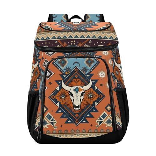 ALAZA Indian Tribal Aztec Geometric Skulls Cooler Backpack Reusable Insulated Lunch Bag with Adjustable Shoulder Strap for Women Men Picnic Work College Hiking Camping Office Beach