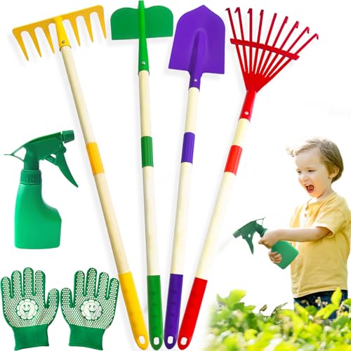 Lalloply Kids Gardening Set 6 PCS Outdoor Toys for Toddlers Age 3-5 Garden Toys with Shovel, Rake, Hoe, Leaf Rake,Watering Can, Gloves. Gardening Tools for 3+ Boys Girls. Garden Gifts for Children