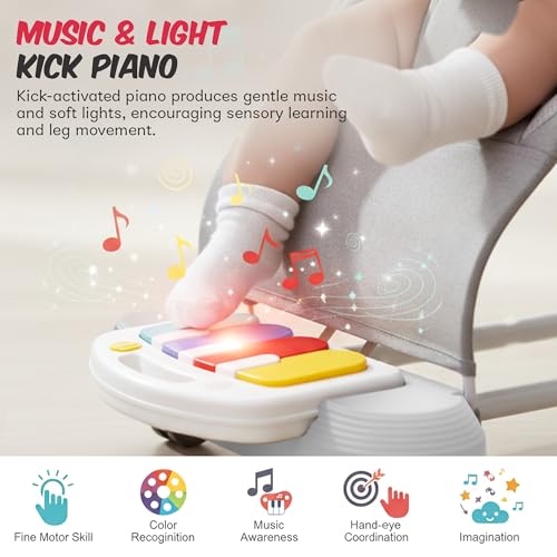 Image of Baybee Nestra Rocker for Baby 0-2 Years| Bouncer with Music & Light Kick Piano | 3 Recline Positions | Removable Toy Tray | Wheels with Safety Lock | Breathable Seat | Foldable Design (Grey)