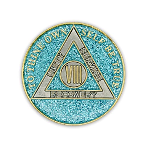 Image of 8 Year Sobriety Coin | Glitter Triplate AA Chip | Recovery Anniversary Token (Blue)