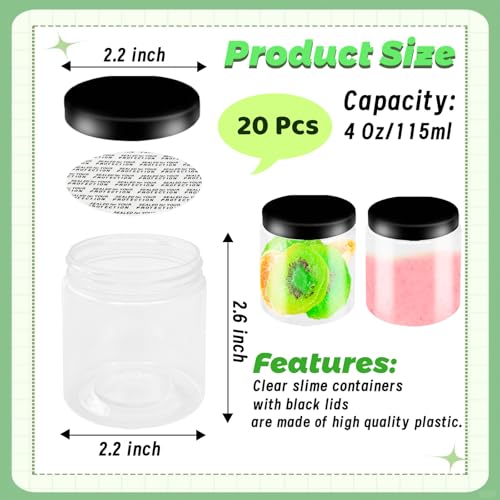 20Pcs 4oz Plastic Slime Containers with Black Lids,Round Refillable Travel Storage Sealed Jars Clear Wide Mouth Container for Candy,Food Storage,Makeup,Cosmetics,Lotions,Eye Shadow,Cream,Samples - Thumbnail 2